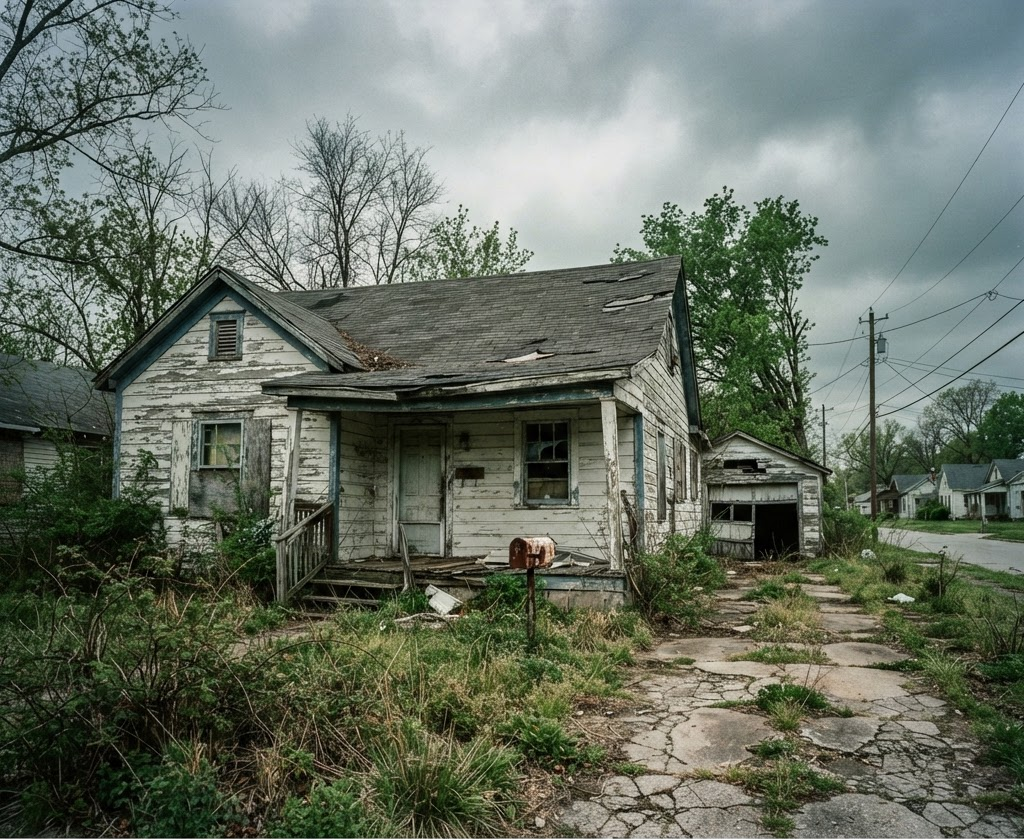 A distressed house in need of major repairs